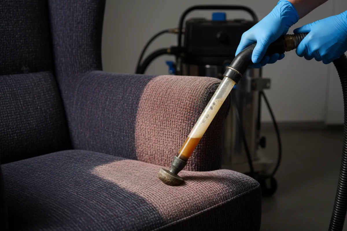 Photo montrant l'élimination d'une tache sur un tapis/sofa, démontrant le retrait de taches et la restauration des fibres