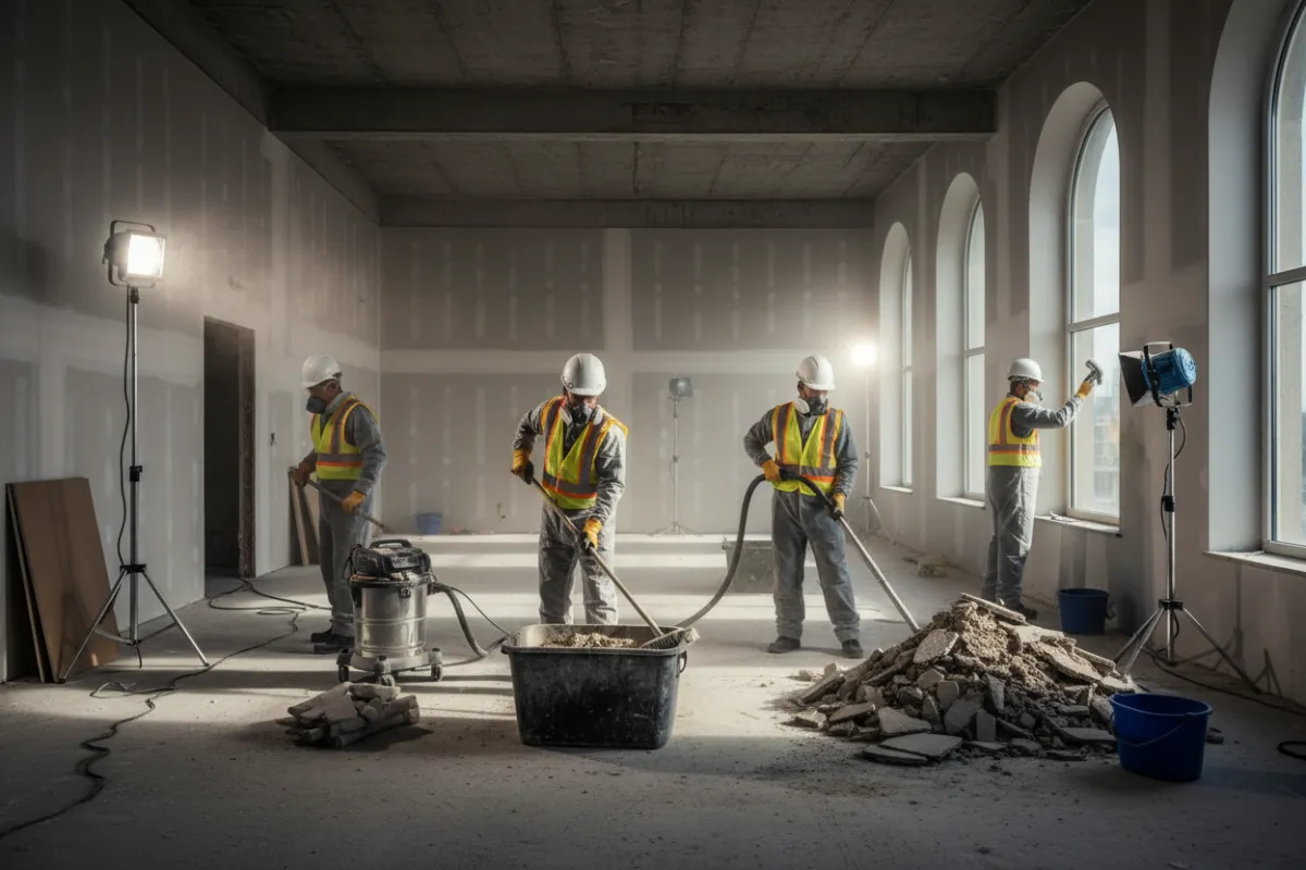 Équipe nettoyant un chantier : retrait des gravats et dépoussiérage
