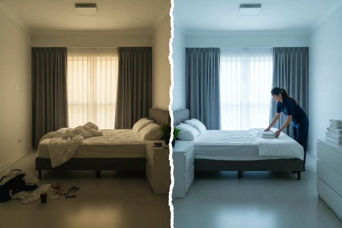 Avant/après : location Airbnb en désordre et après nettoyage