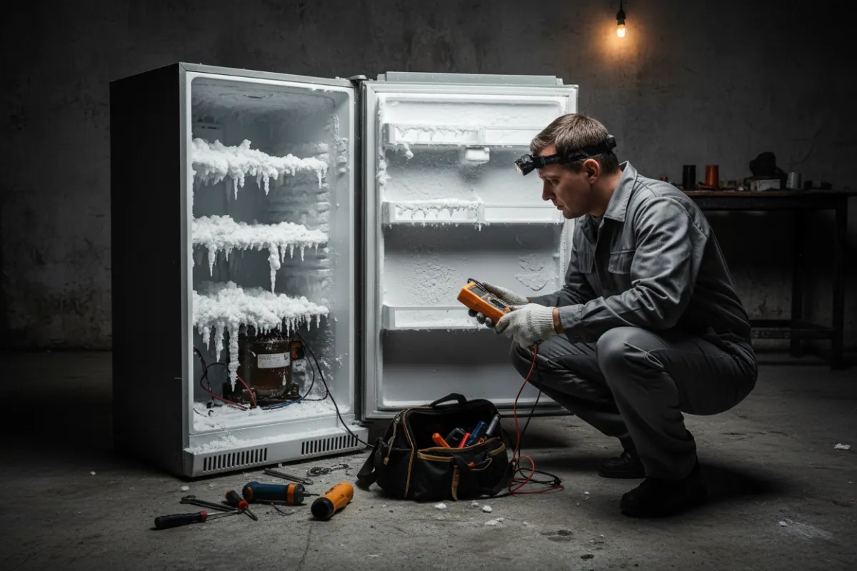 Photo d'un technicien diagnostiquant un appareil électroménager cassé