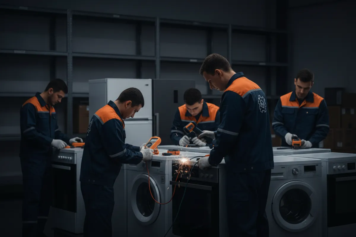 Techniciens appliquant des procédures de sécurité et de qualité pour l'entretien d'électroménagers