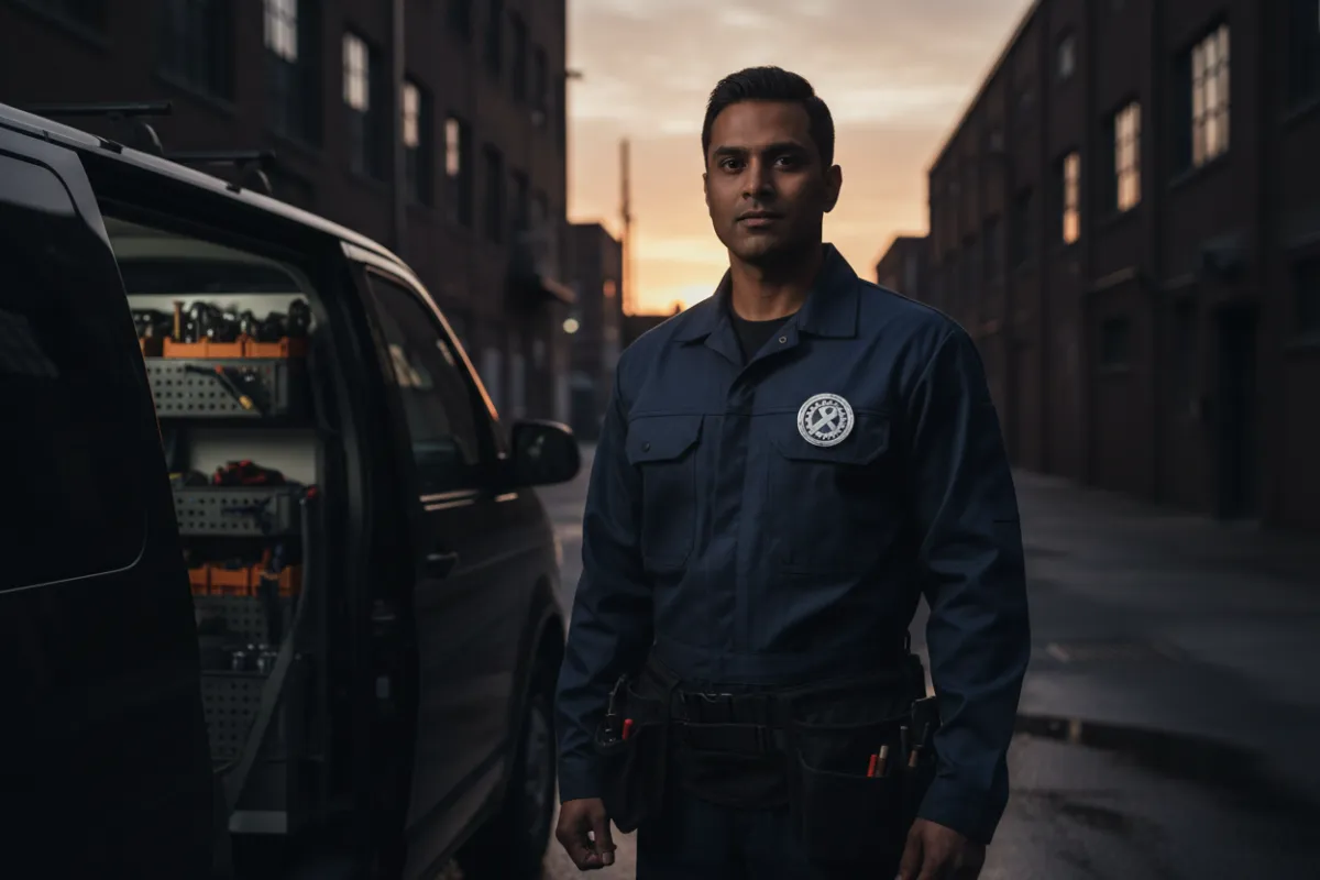 Technicien certifié avec véhicule de service et badge de certification