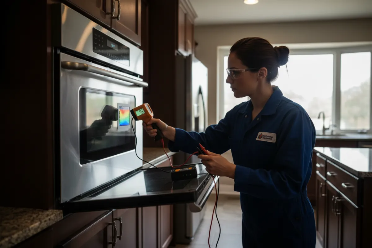 Technicien certifié effectuant un contrôle qualité et des essais sur un appareil électroménager installé
