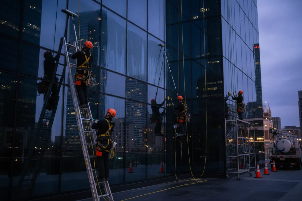 Équipe professionnelle de lavage de vitres