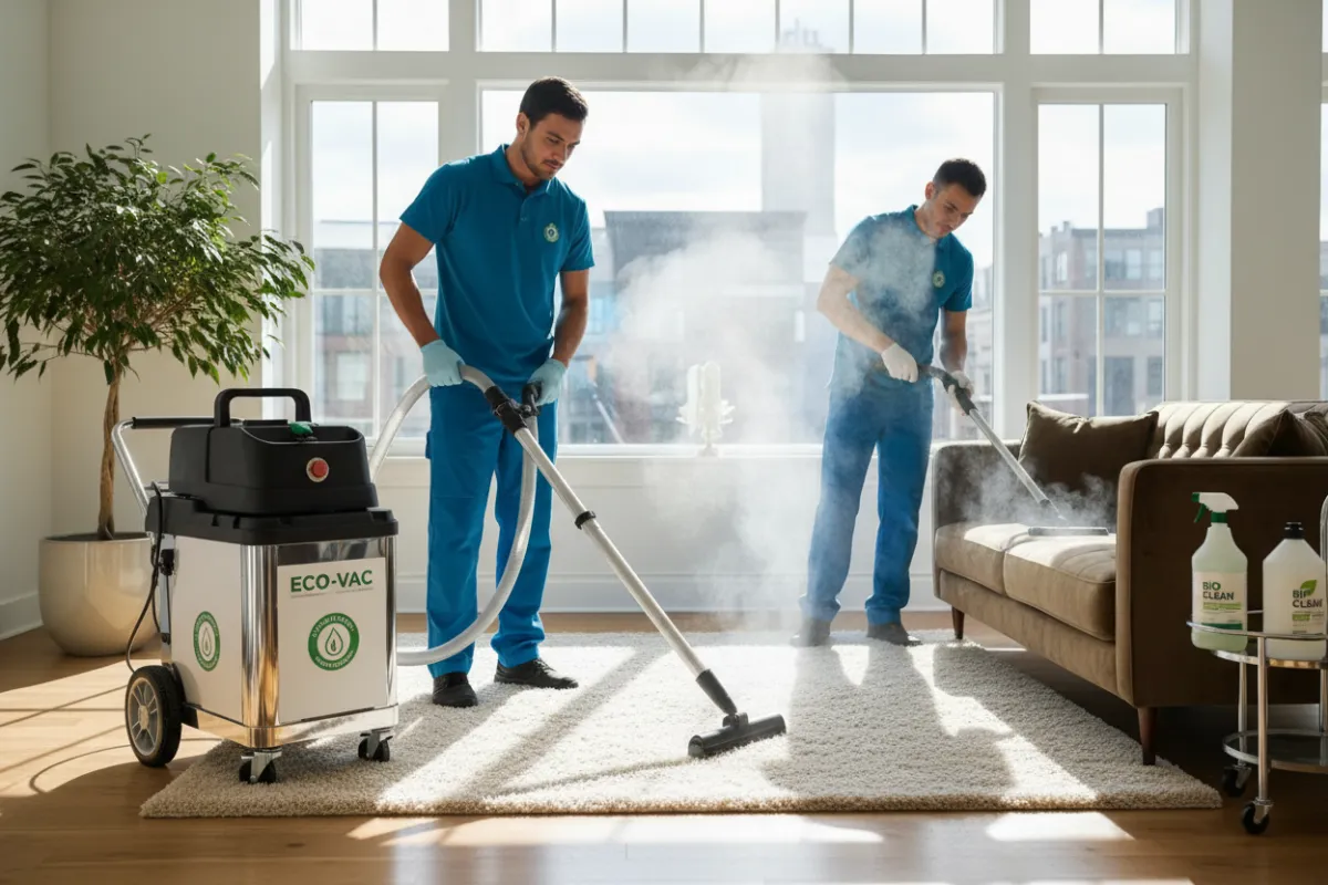 Techniciens utilisant du matériel approuvé pour le nettoyage de meubles et tapis