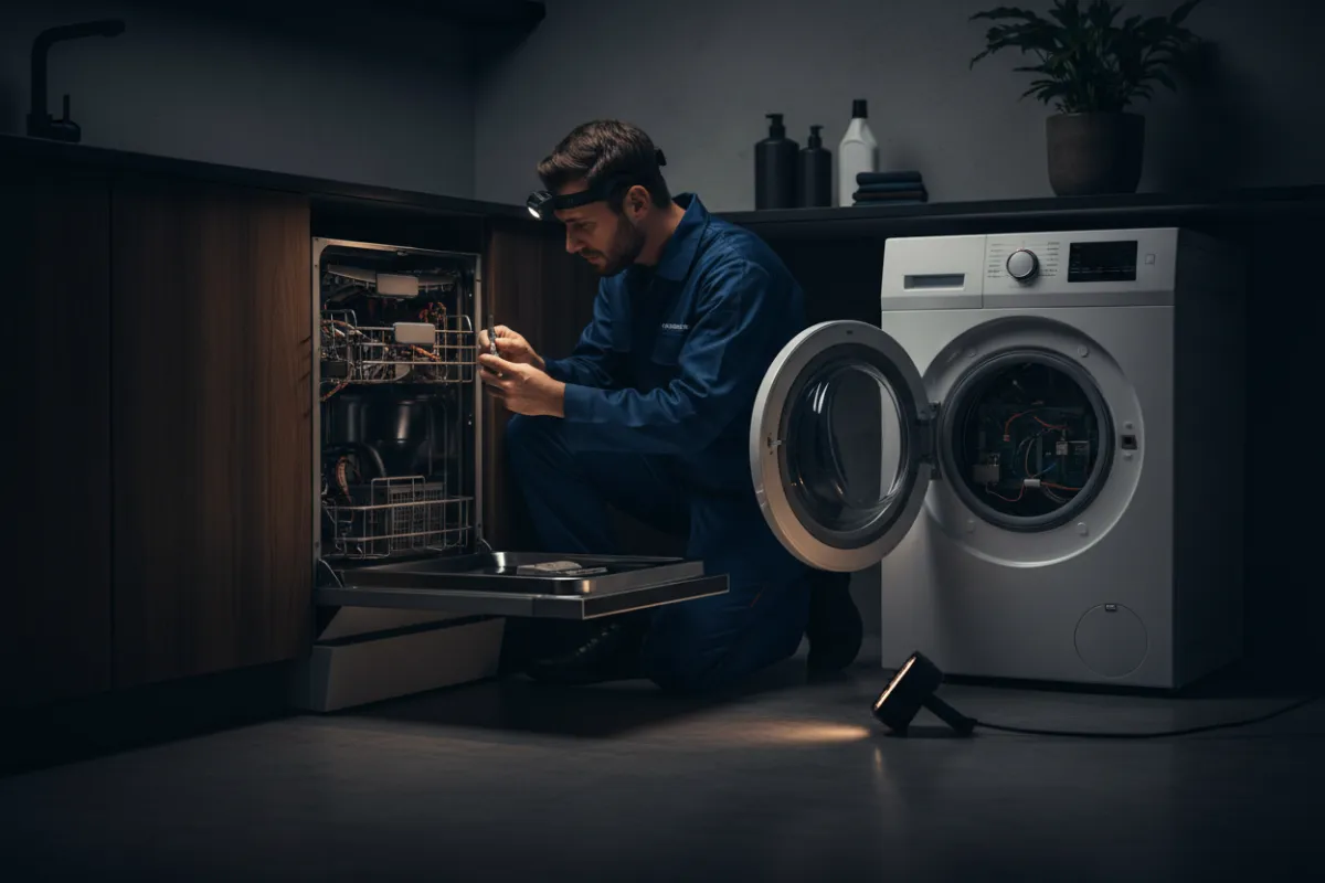 Technicien entretenant un appareil électroménager — intervention technique