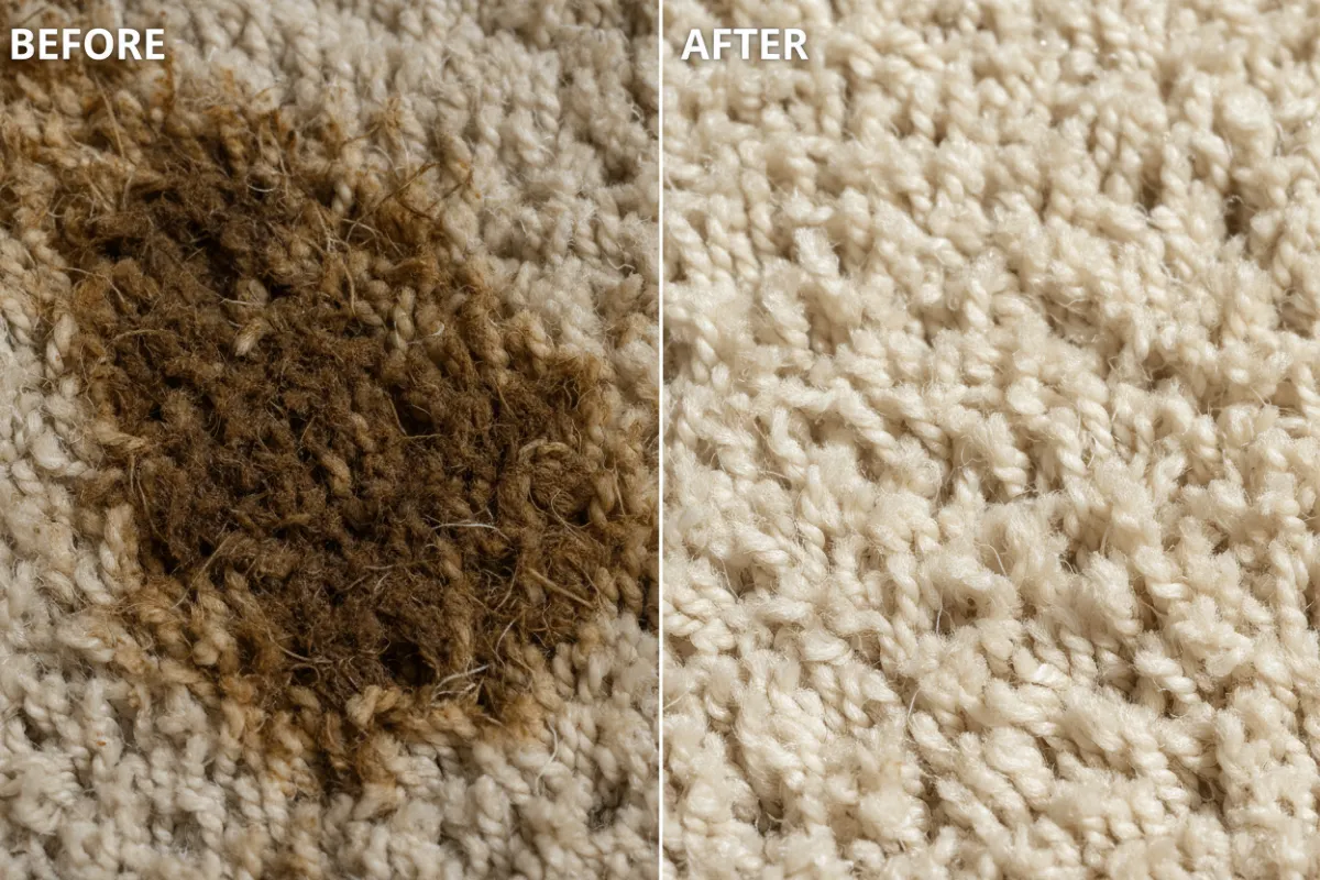 Avant/après — nettoyage de tapis et moquettes, détail des fibres