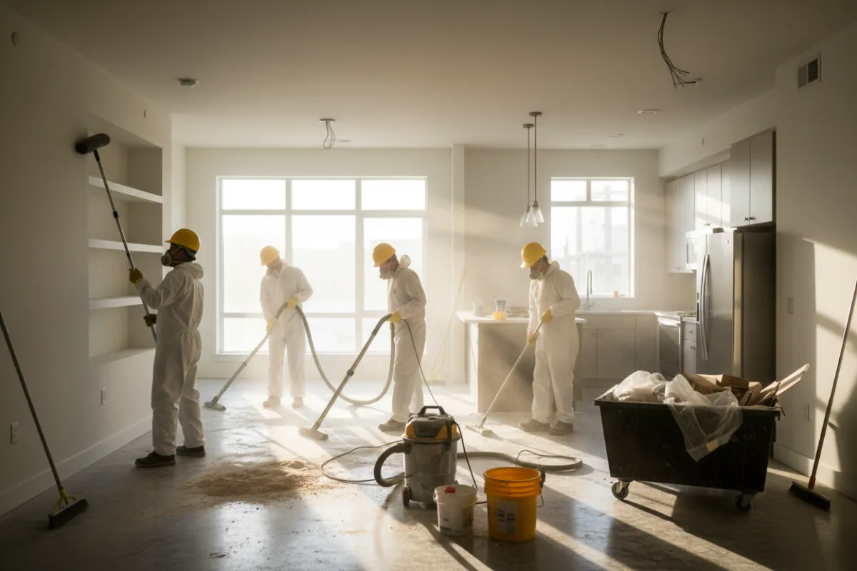 Équipe nettoyant un chantier de rénovation — avant/après