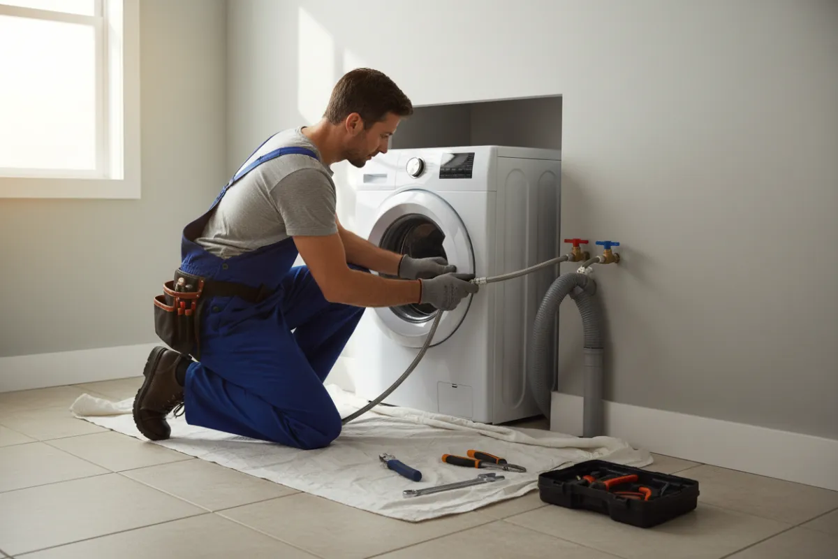 Technicien en train d\'installer un appareil électroménager