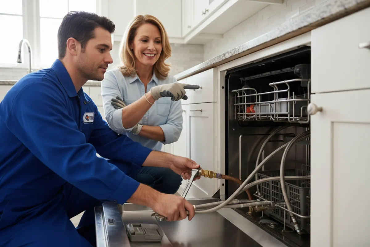 Équipe technique installant un électroménager