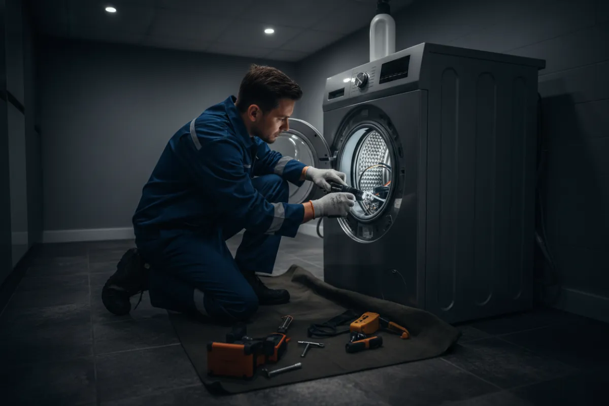 Technicien inspectant une machine à laver — réparation d'appareils électroménagers
