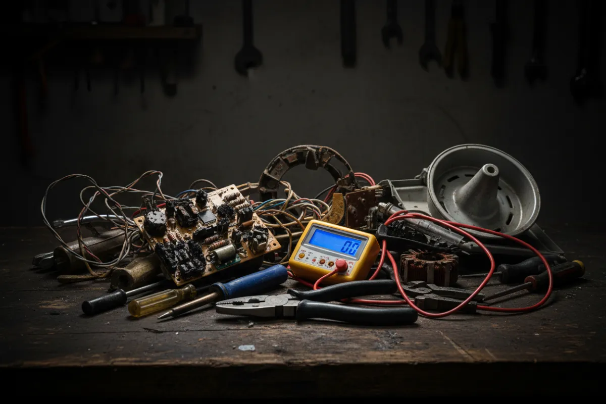 Gros plan d'outils et pièces remplacées — réparation d'appareils électroménagers