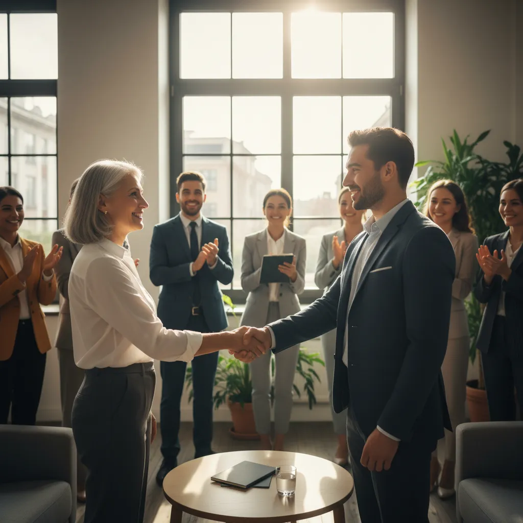 A smiling, multi-generational board chairperson shaking hands with a new board member in a sunlit office, with diverse team members applauding in the background. The mood is celebratory and optimistic, highlighting achievement and unity.