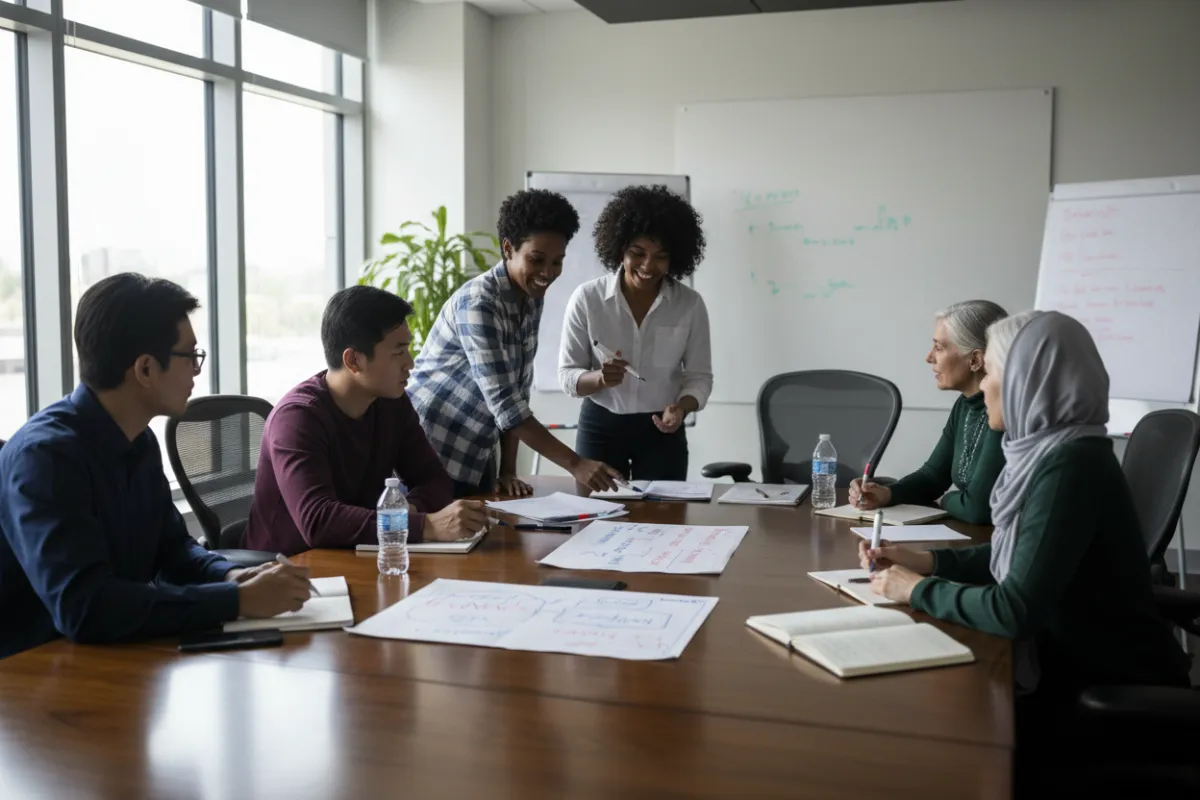 A diverse group of non-profit board members in a modern conference room, engaged in a collaborative training session, with charts and notes on the table. The setting is bright and professional, conveying focus and teamwork.