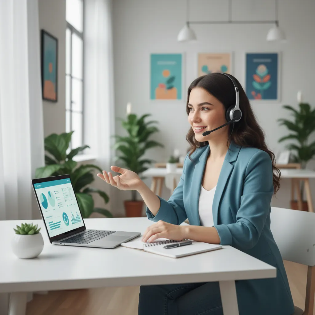 A professional, approachable support specialist at a desk, speaking on a headset, with a laptop and notepad. The background shows a bright, organized office with plants and nonprofit posters, conveying accessibility and expertise.