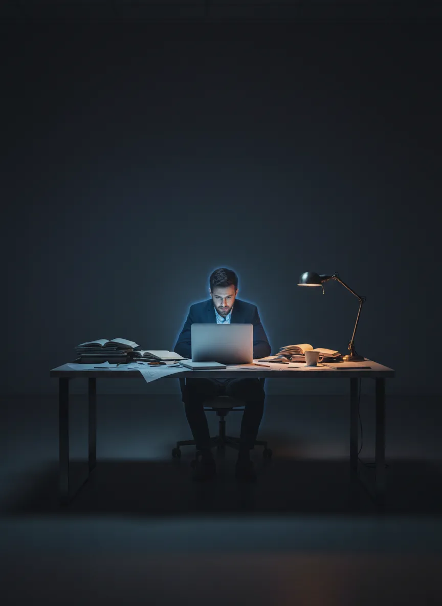 Profesional abrumado frente a su computadora, representando la soledad y la complejidad técnica
