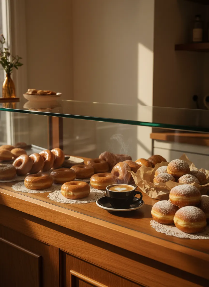 Bismarck Doughnuts bakery case and storefront displaying gluten-free products