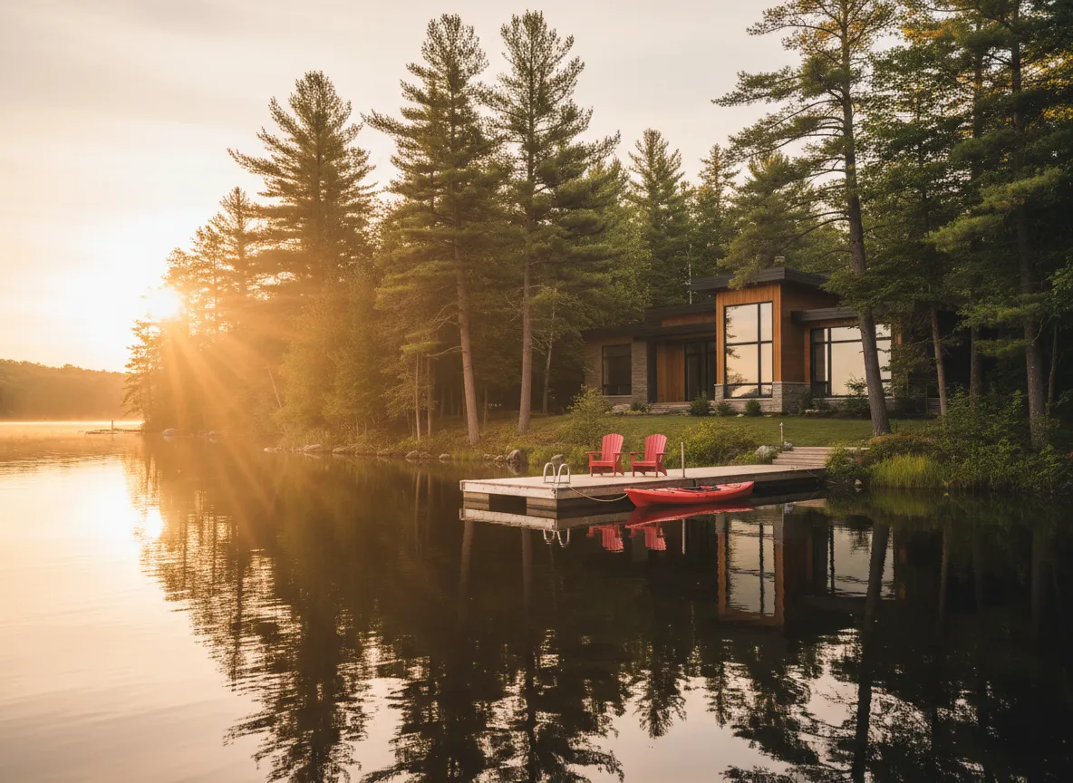 A happy family enjoying a sunny summer day at a Muskoka lakefront cottage dock