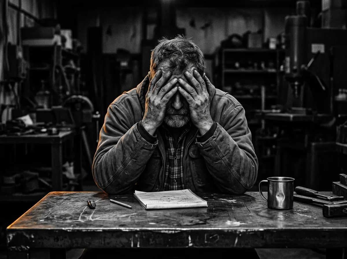 Grainy high contrast black and white photo of exhausted executive resting head in hands