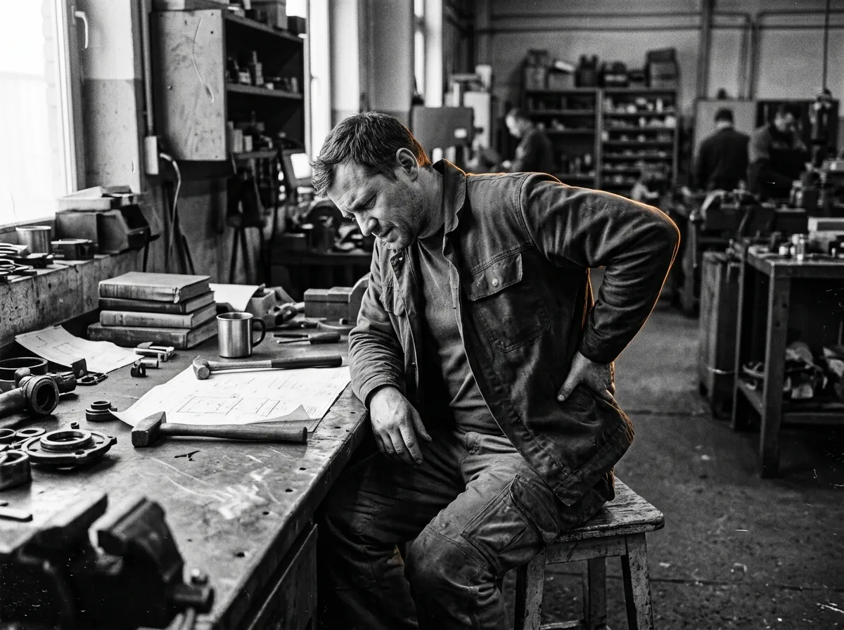 Grainy industrial black and white photo of man holding lower back in pain at work desk