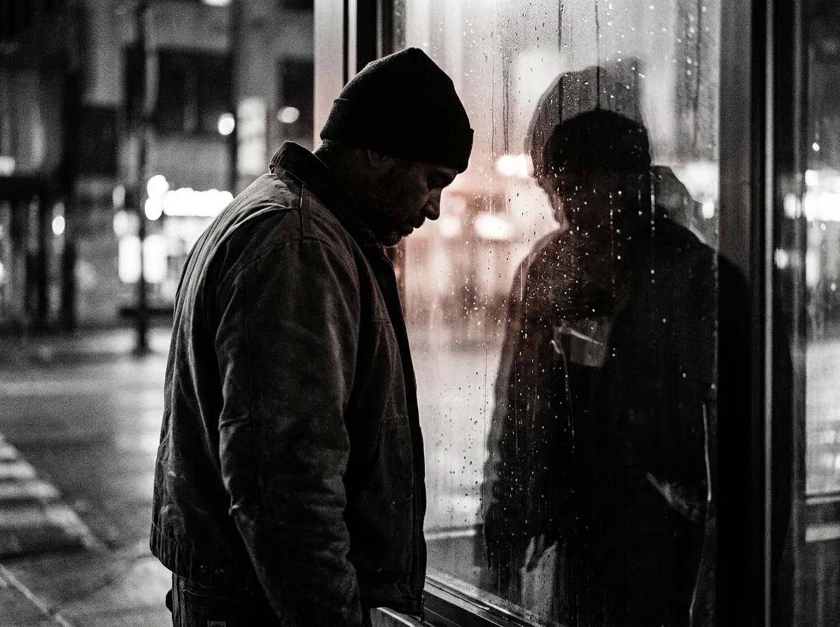 Grayscale grainy moody silhouette of a businessman looking down at reflection in glass window