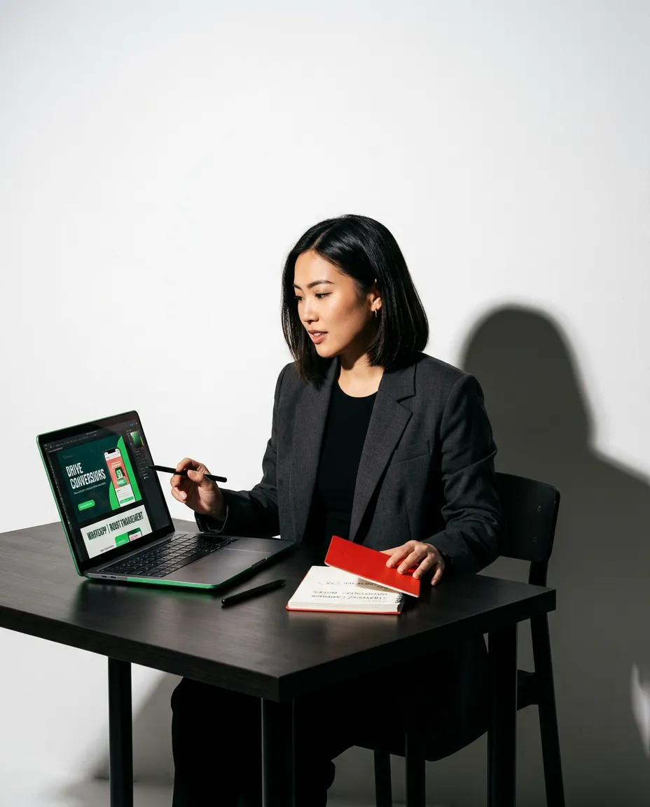 A focused entrepreneur analyzing campaign performance and marketing concepts in a modern studio