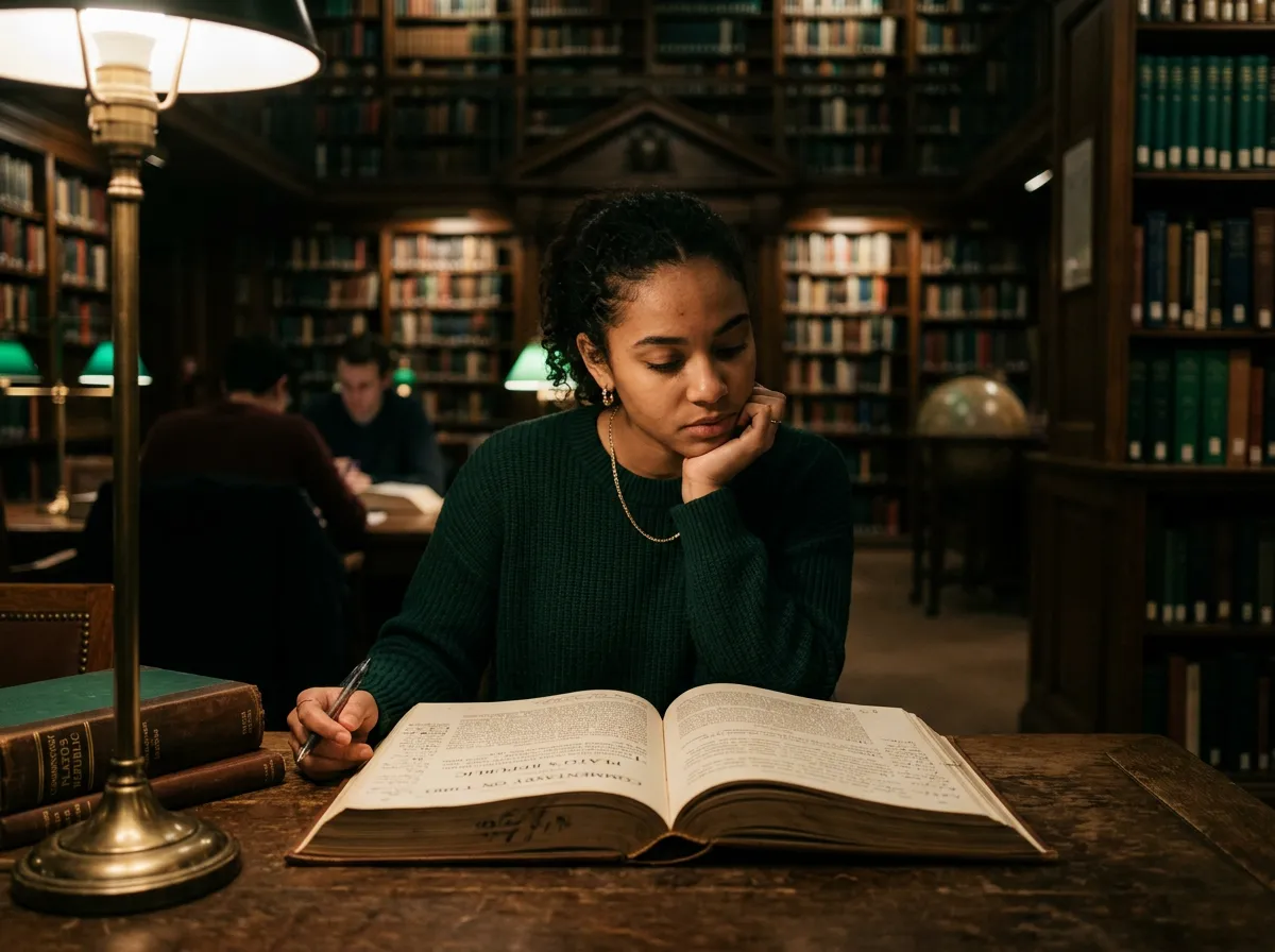 Close-up of contemplative student studying open classical commentary volume in quiet library