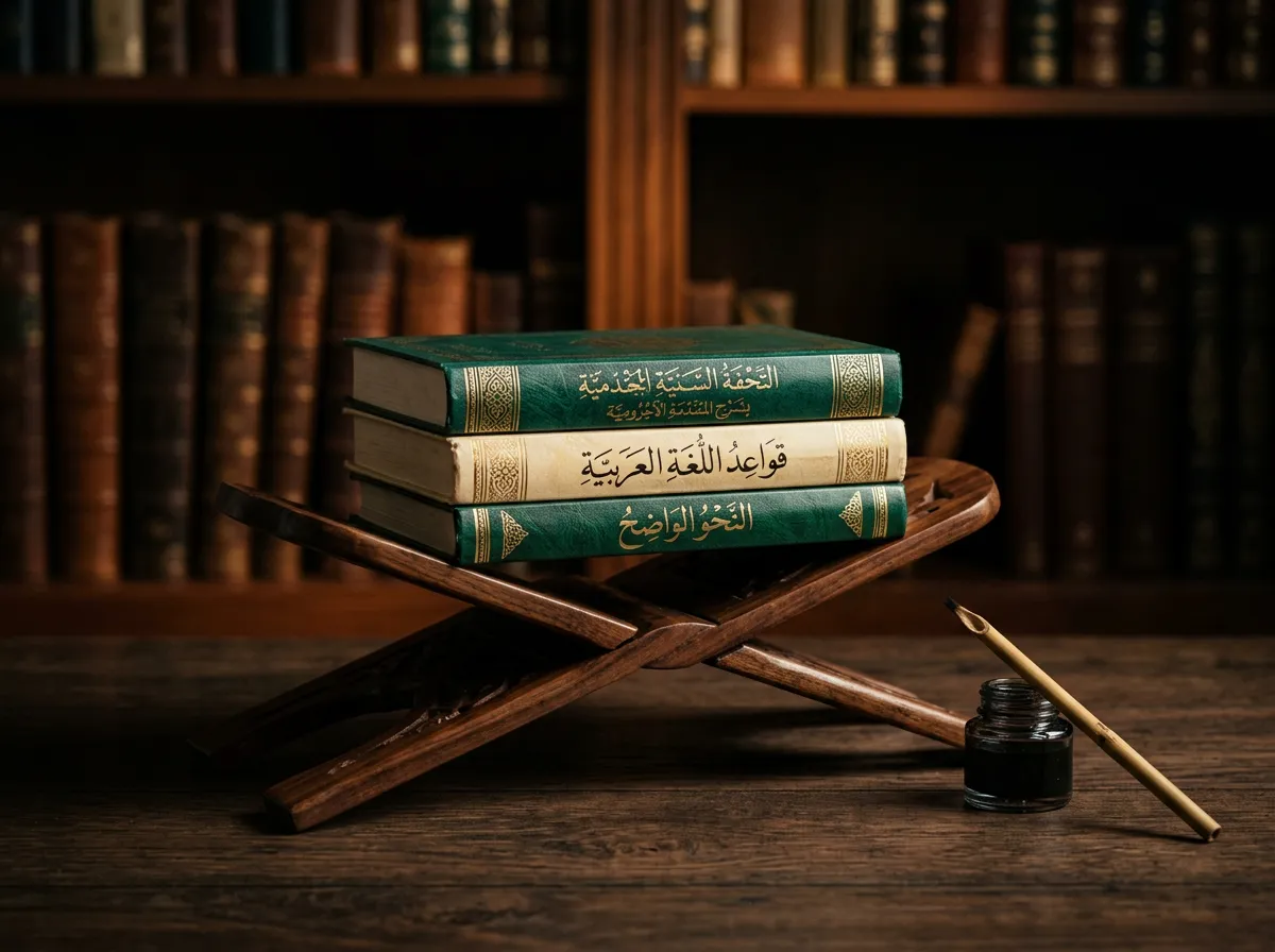 Scholarly Arabic grammar primers, wooden rehal stand, and ink calligraphy tools