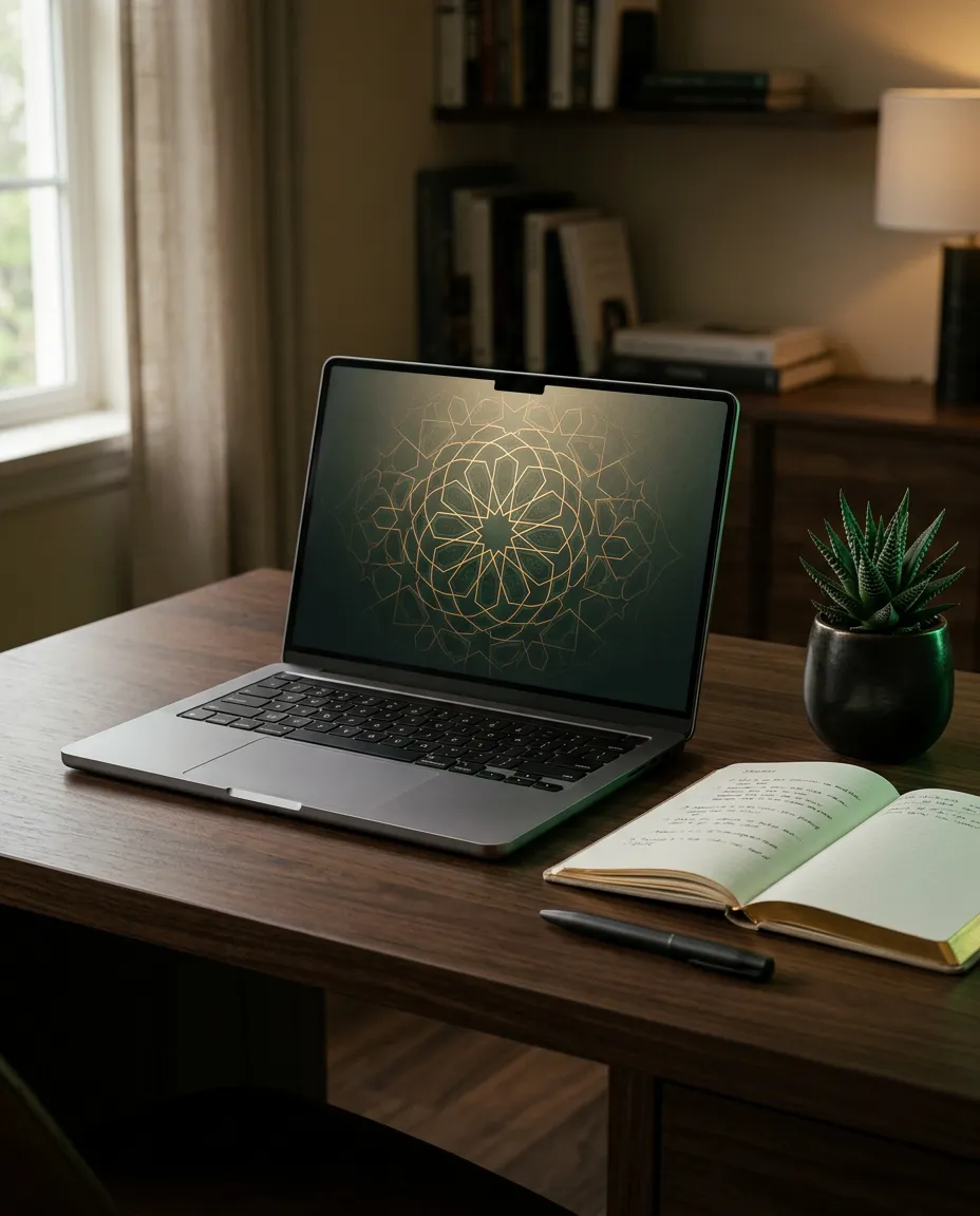 Dedicated student learning Quranic Arabic online in a warm, welcoming home study space