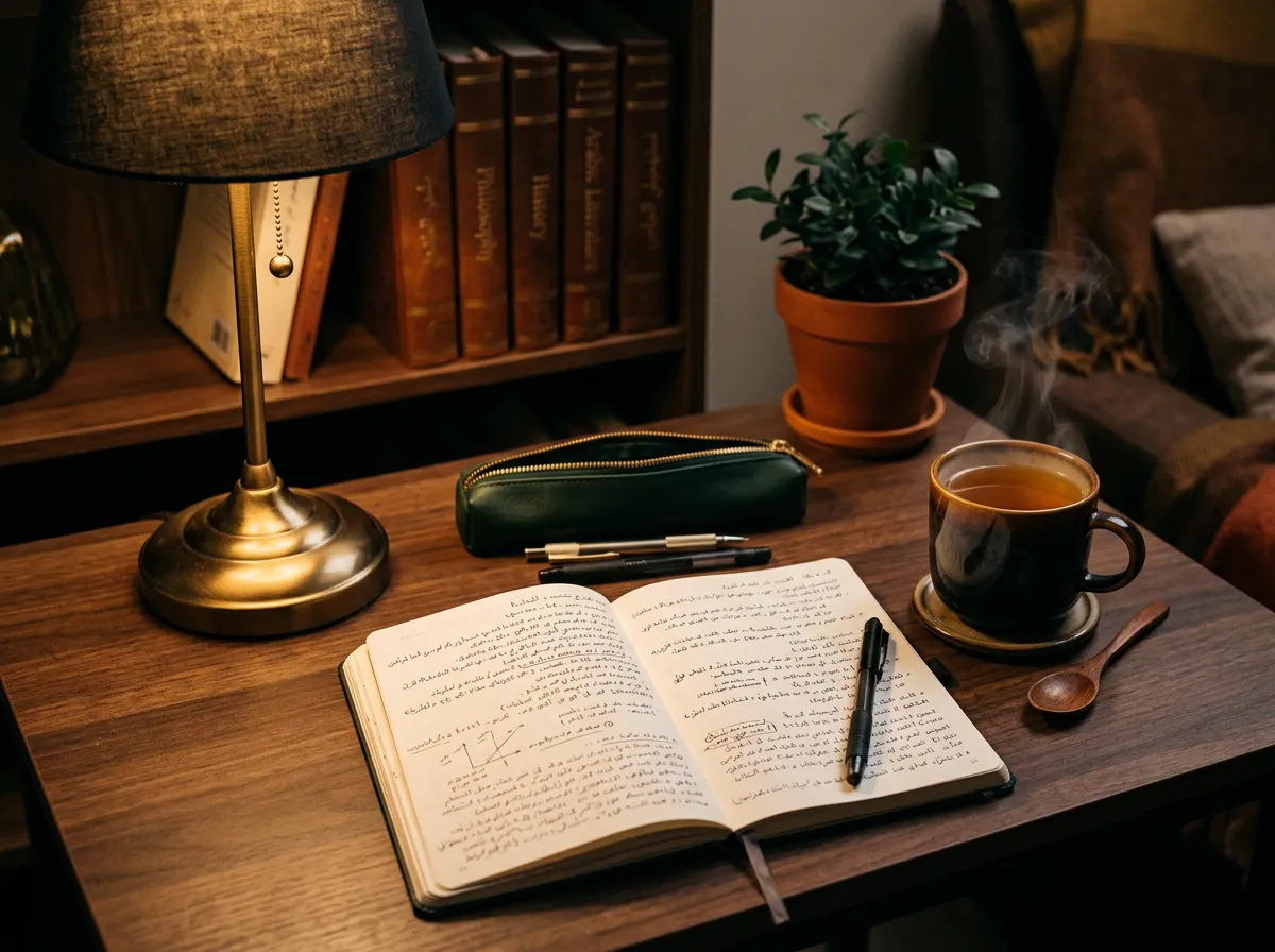 Student study desk with open notebooks, handwritten notes, and warm tea