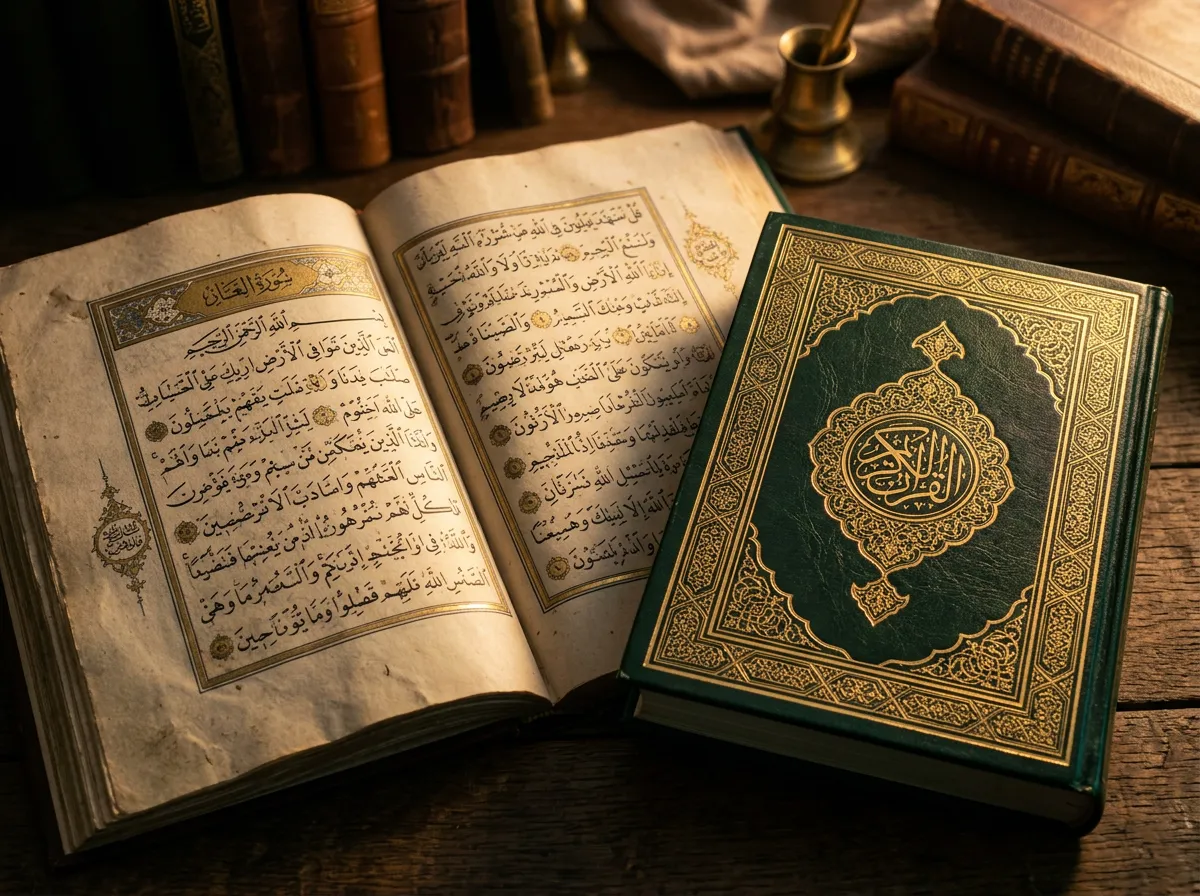Open classical Islamic manuscript and leather-bound Qur'an in warm ambient study light