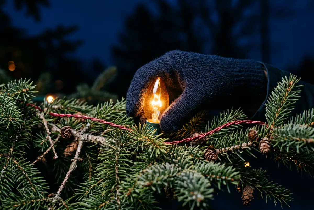 Holiday light technician performing maintenance and replacing a bulb on a warm glowing home display