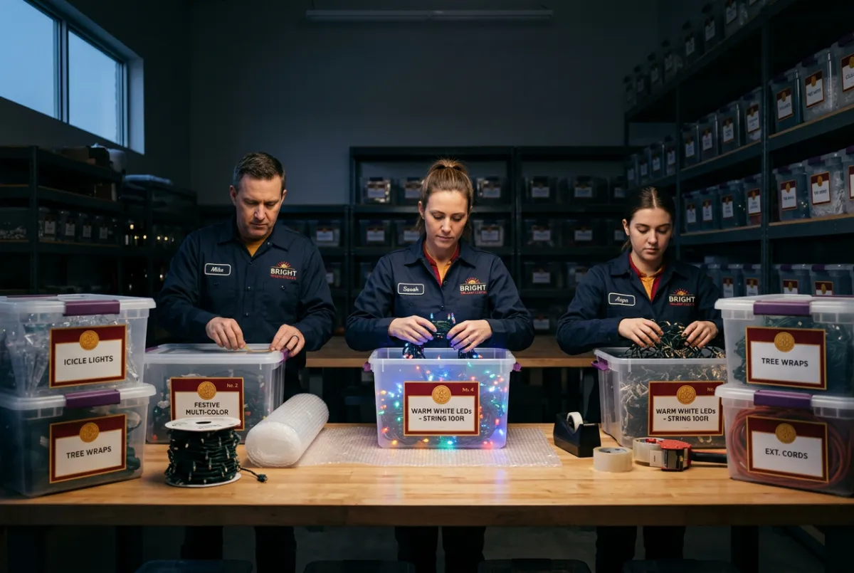 Professional crew neatly packaging holiday lighting into labeled storage bins for off-season storage