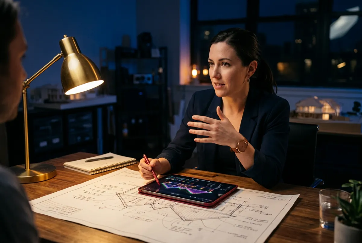 Holiday lighting designer presenting digital roofline mapping to homeowner
