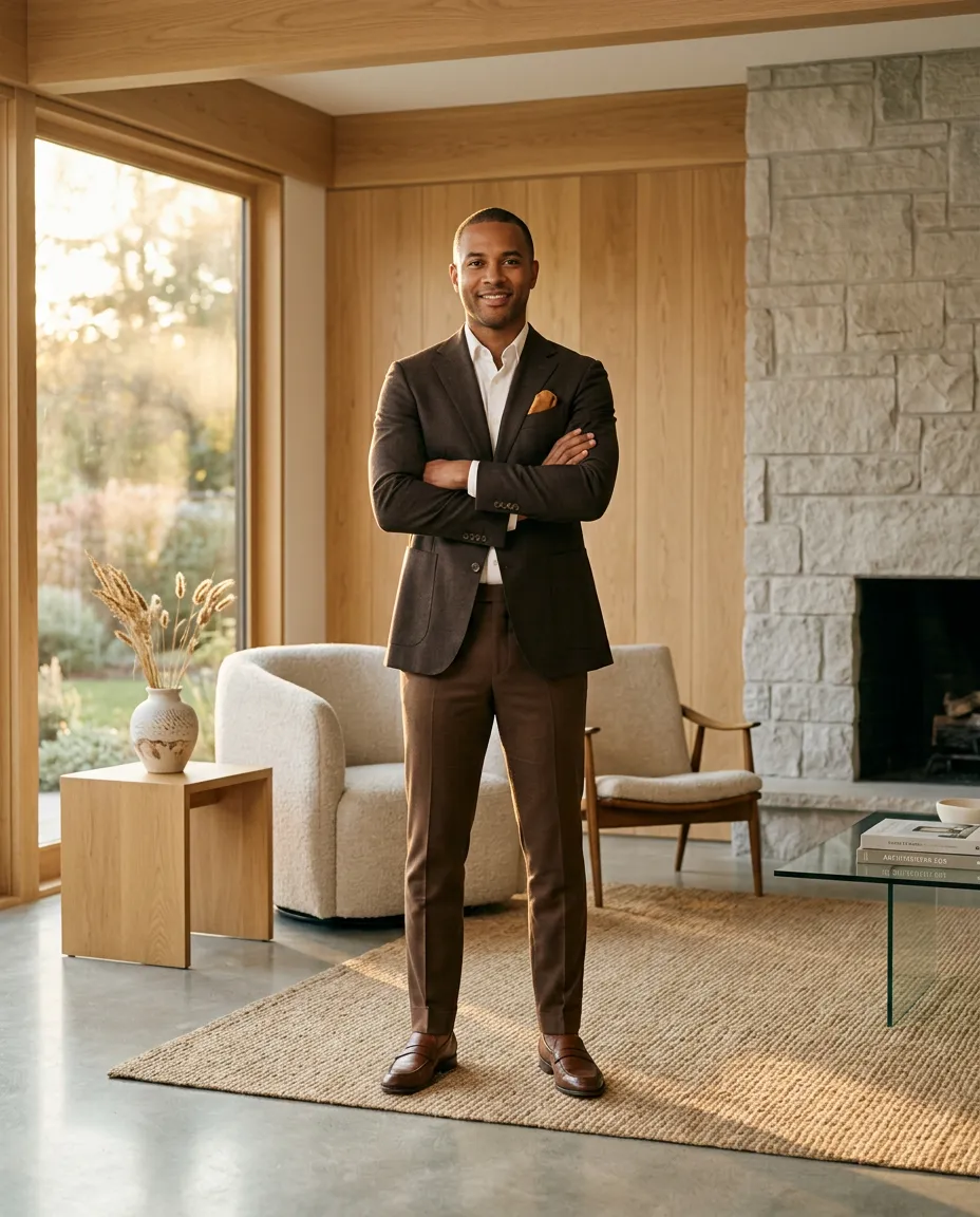 Portrait of principal broker standing in a sunlit architectural studio with natural oak and stone finishes