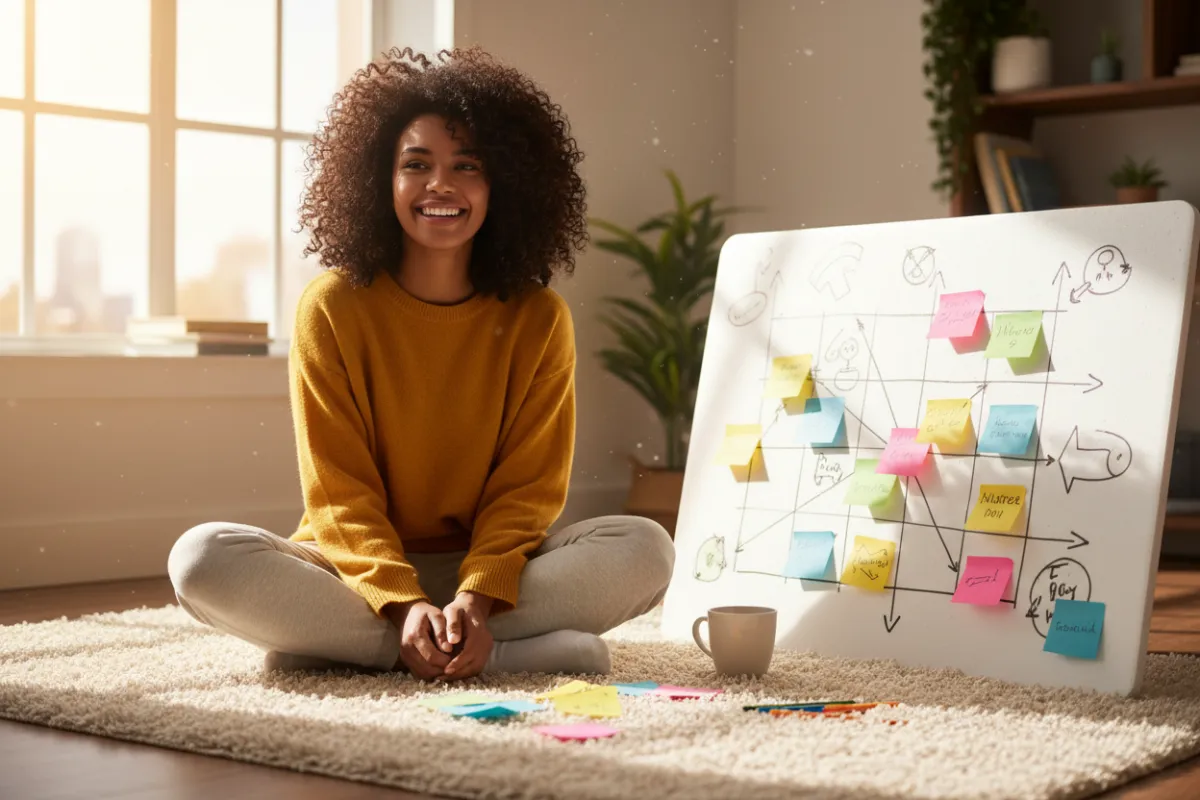 A cheerful young woman with curly hair sits cross-legged on a cozy beige rug, surrounded by colorful sticky notes and a large, playful matrix chart. Sunlight streams through a window, casting a warm glow. The scene is lively, inviting, and full of positive energy.