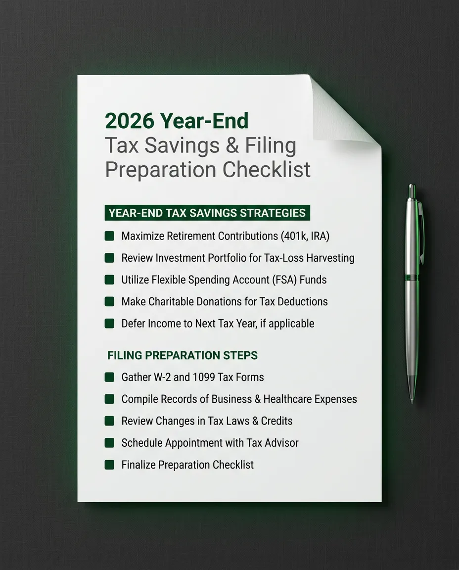 Framed physical preview of the 2026 Year-End Tax Savings and Filing Preparation Checklist document
