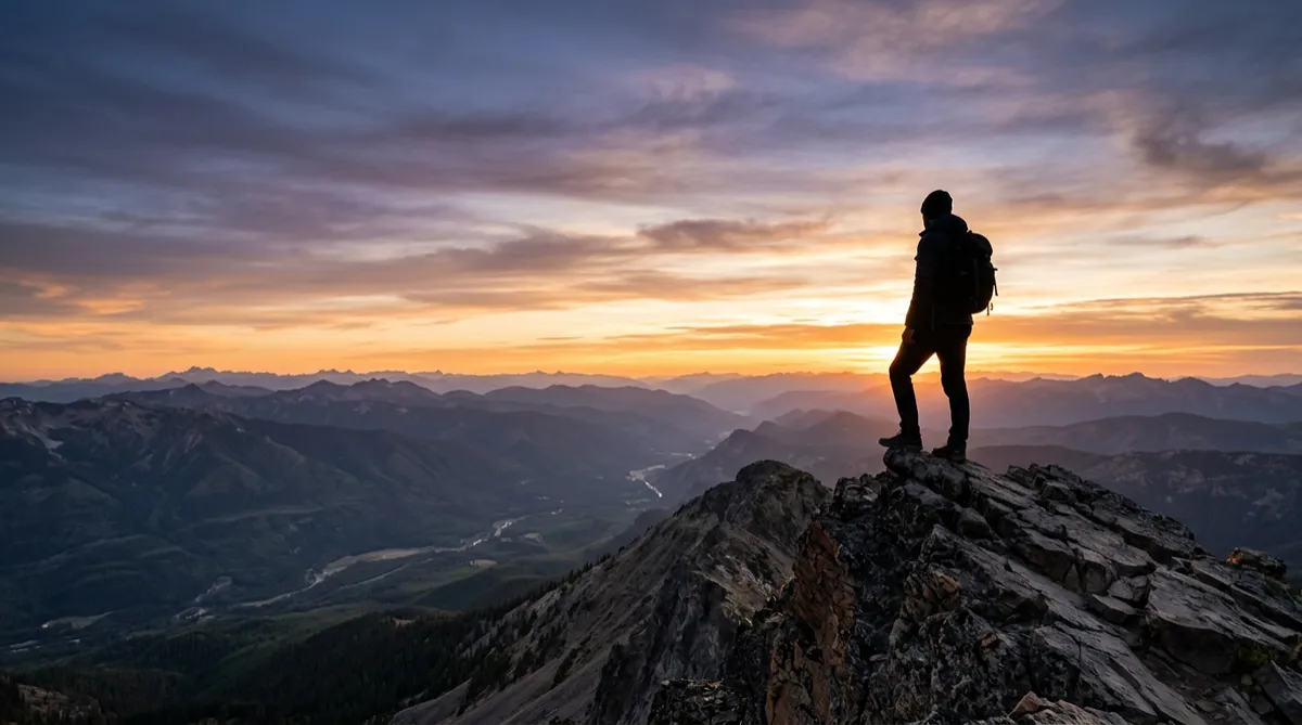 Silhouette of a person standing on a rocky peak gazing at a bright starry or glowing sky with text STRATEGY TODAY A STRONGER TOMORROW