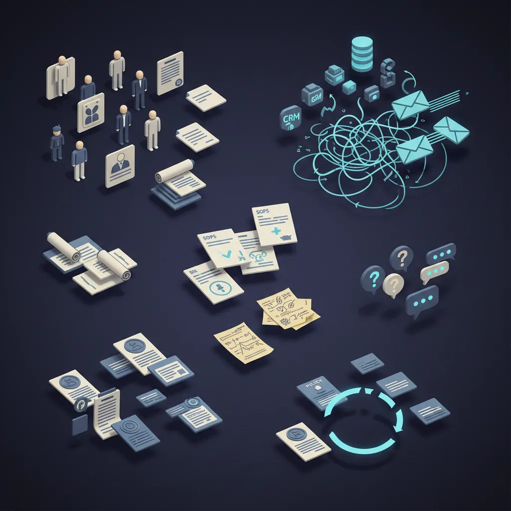 Premium enterprise illustration representing scattered company knowledge across employees, CRM, and documents