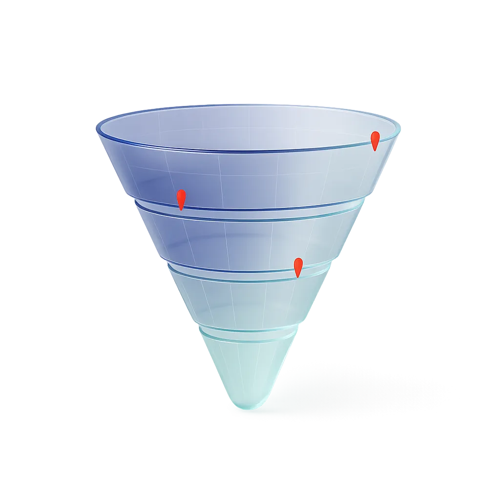 Abstract data visualization of a leaky conversion funnel with red drop-off indicators