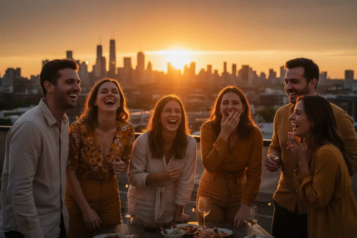 A candid photo of a diverse group of friends laughing together at a rooftop sunset gathering, city skyline in the background, warm tones, 3:2 aspect ratio.