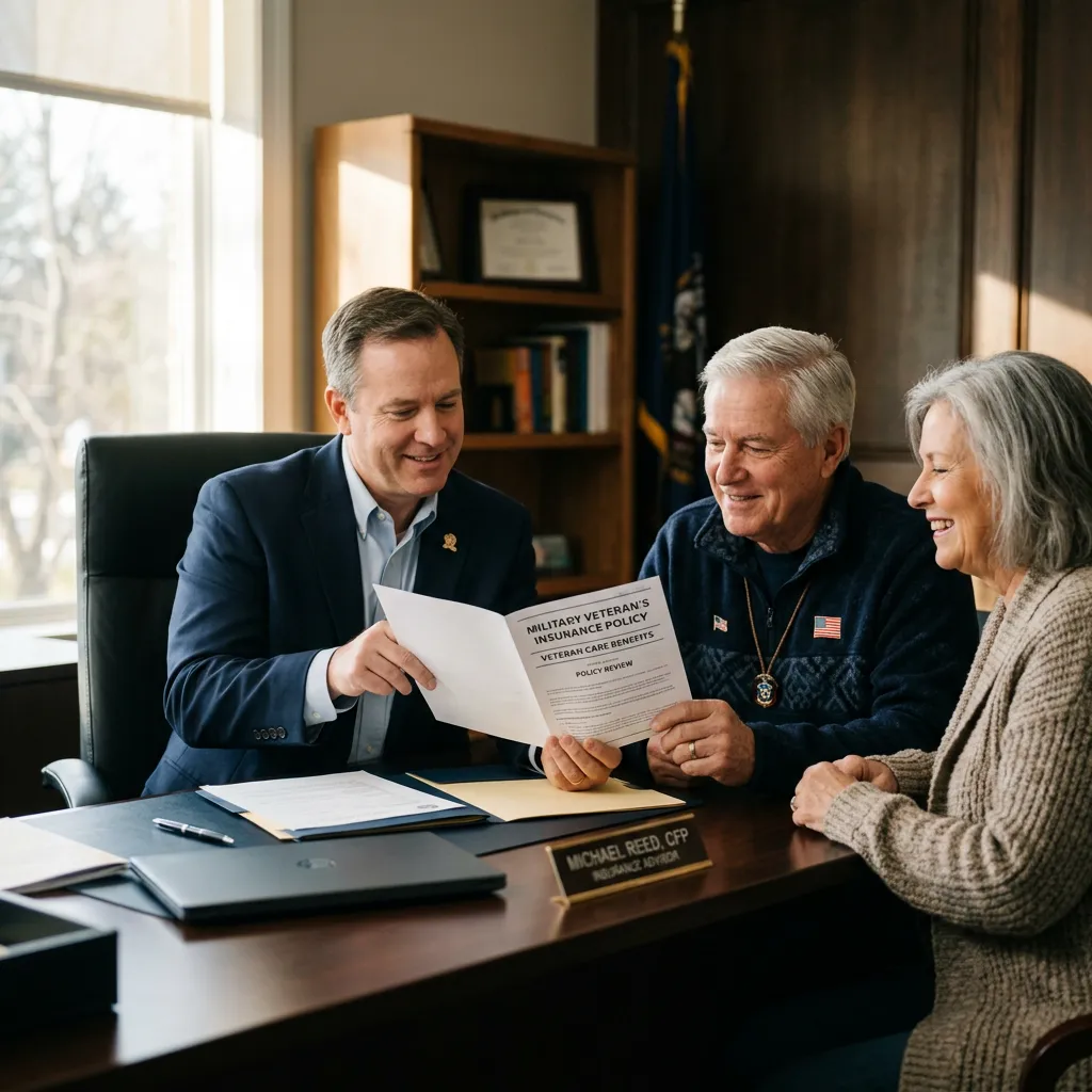 A dedicated advisor reviewing supplemental protection plans with a military veteran and his family in a warm, professional setting