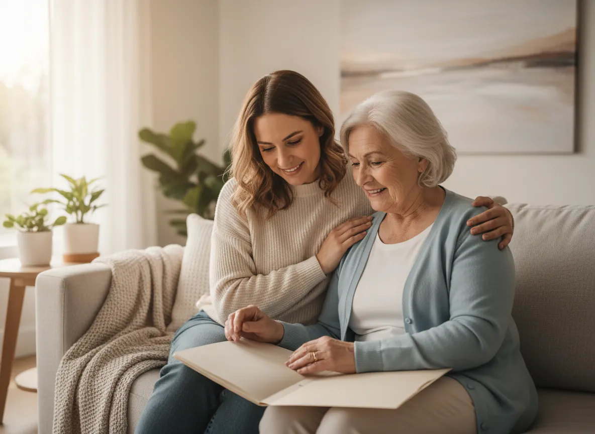Adult child gently supporting an aging parent while discussing home transition
