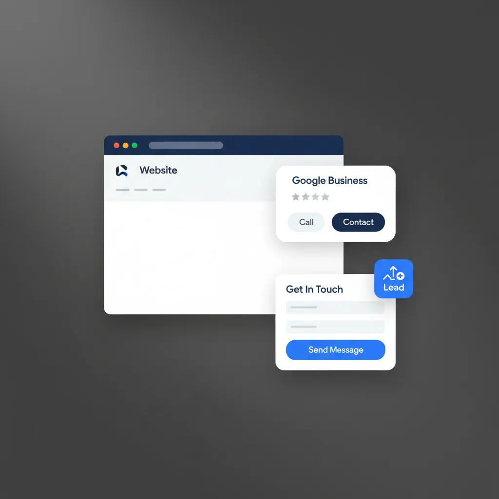 Clean explanatory mockup illustration showing small business website, Google Business Profile card, and lead notification badges