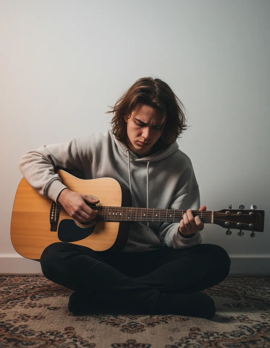 Student struggling with guitar or Dr. Glover teaching