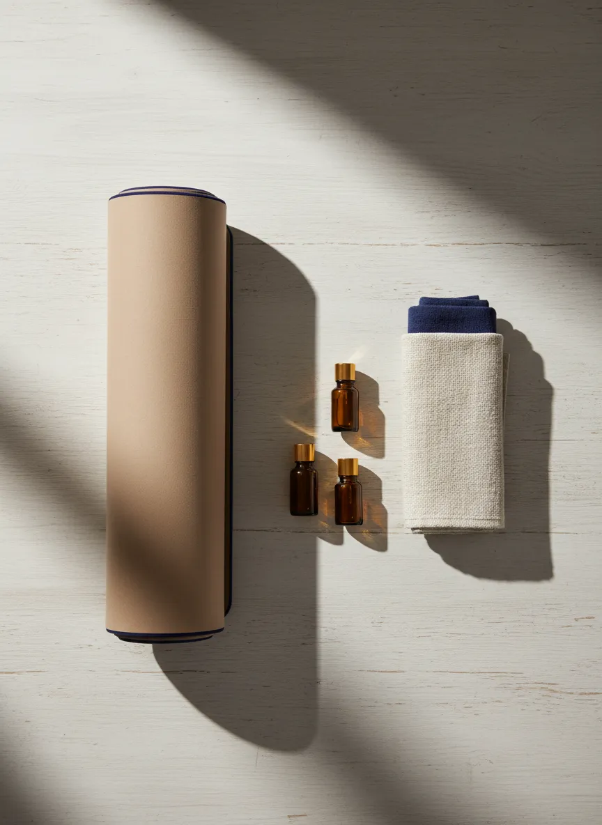 Minimal aesthetic flatlay of a yoga mat, premium oils, and retreat tools