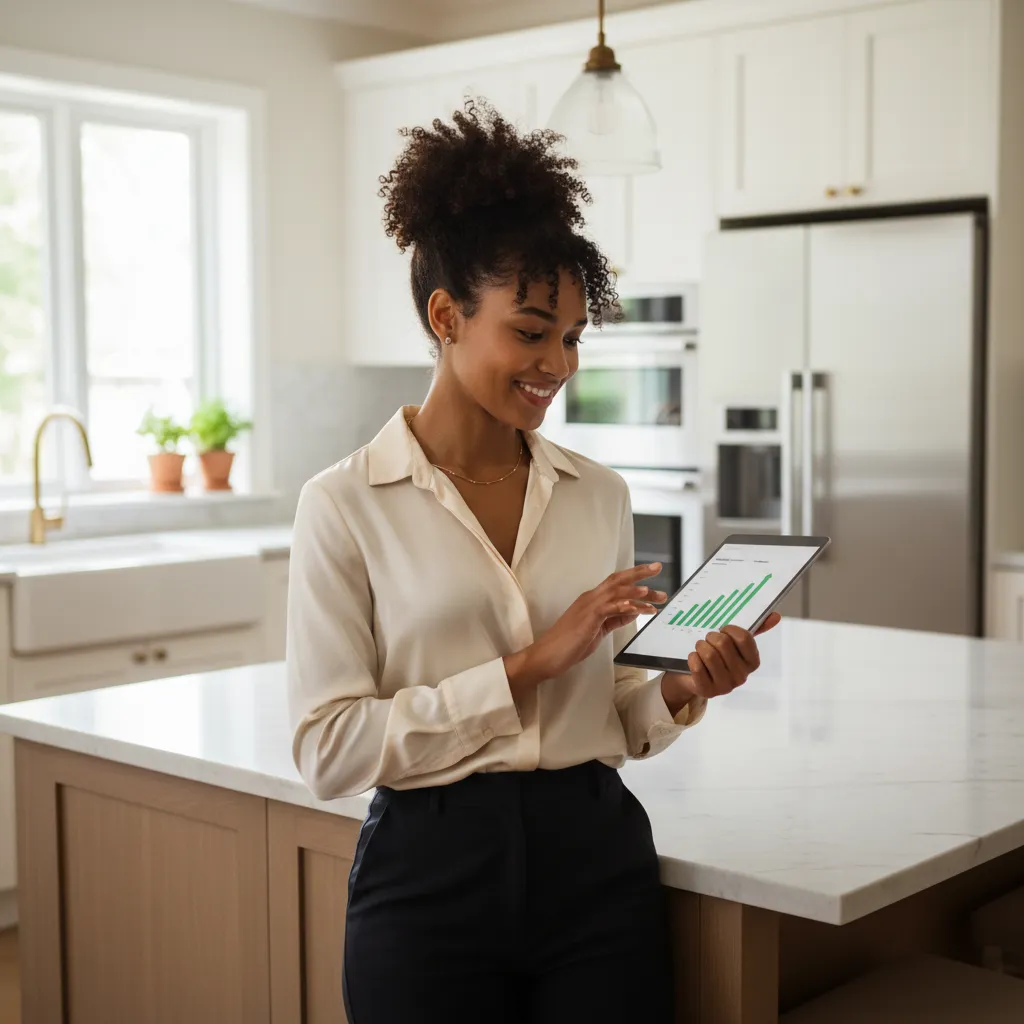 Young professional woman with natural hair, standing confidently in a modern kitchen, reviewing her improved credit report on a tablet. The space is bright and inviting, with subtle luxury accents. 1:1 aspect ratio.