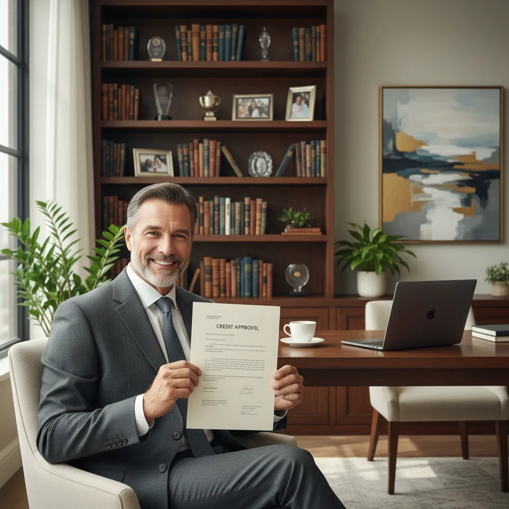 Smiling middle-aged man in a tailored suit, seated in a bright home office, holding a credit approval letter. The background features tasteful decor and a bookshelf, suggesting stability and achievement. 1:1 aspect ratio.