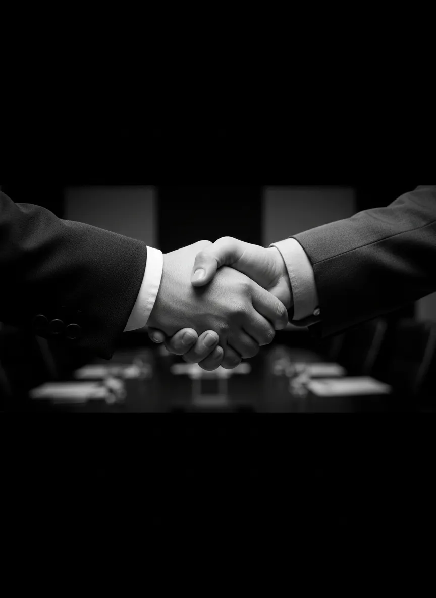 Black and white editorial photo of a confident handshake