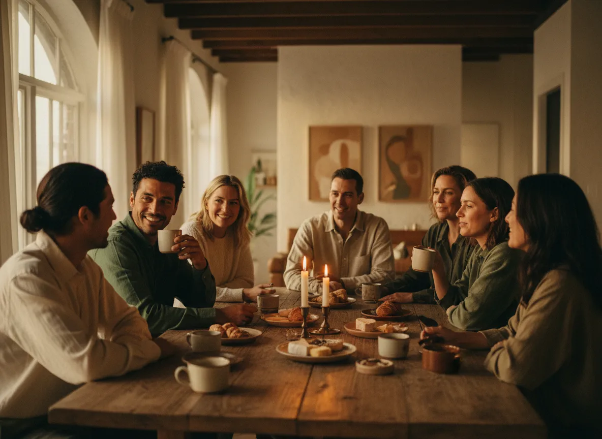 People gathered around a long table sharing coffee, tea, and food in a warm, artistic space.